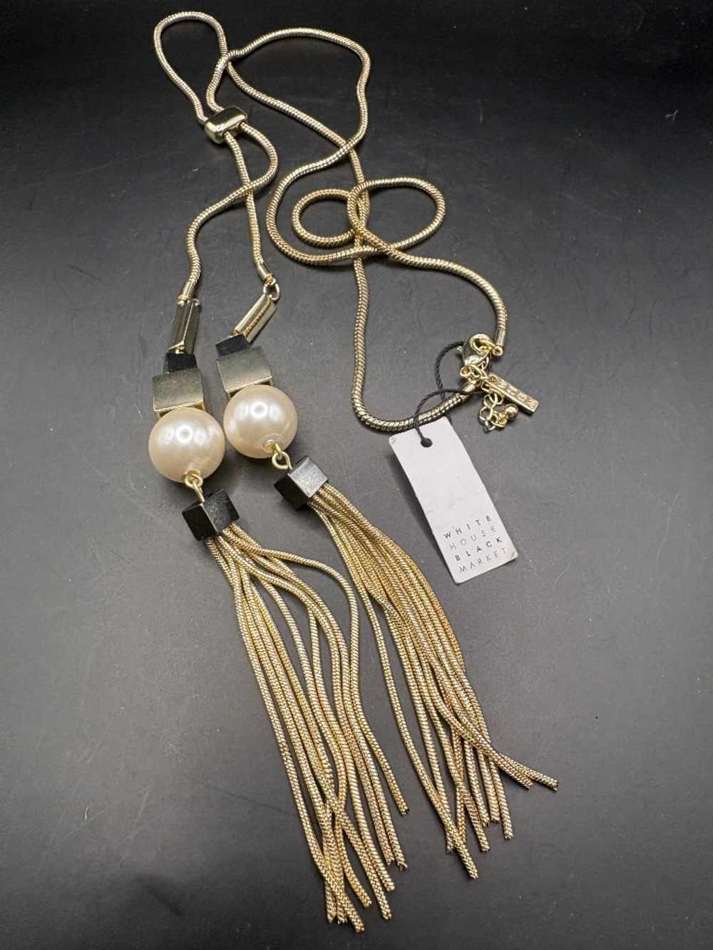 WHBM Pale Gold Tone Faux Pearl Geometric Tassel Necklace NWT